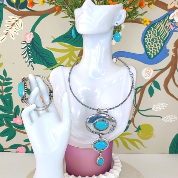 Southwestern Boho Faux Turquoise Necklace, Earrings and Bracelet Set - Picture 5 of 16